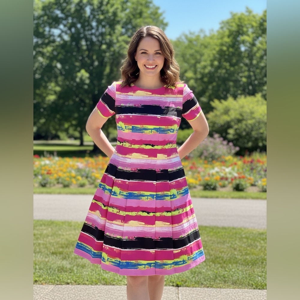 Tahari Women’s Pink Multi-Stripe Fit & Flare Dress Multicolor Striped Size 10